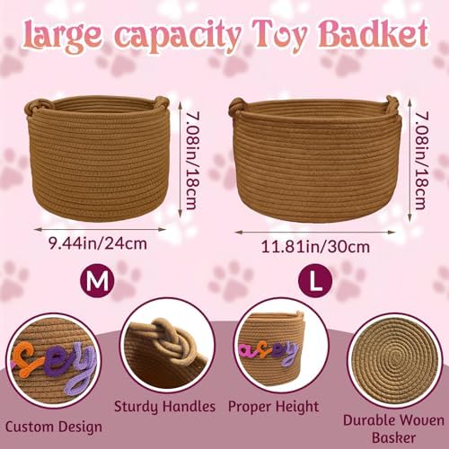 Personalized Dog Toy Storage Basket Custom Pet Woven Cotton Rope Bin with Name Customized Cotton Rope with Handle Storage Box for Pet Supplies Snacks Toys Clothing Blankets
