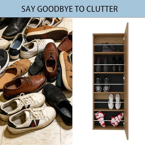 Shoe Cabinet with Mirror Modern Black Mirrored Shoe Storage Cabinet 67" Tall 5-Tier Shelves Narrow Shoe Storage Cabinet for Entryway Space Saving Furniture (Wall-Mounted, Oak)