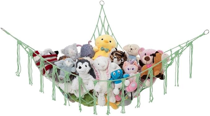 Stuffed Animal Storage Macrame Hammock, Large - Boho Room Decor Toy Storage - Corner Hanging Plushie Stuffed Animal Net Organizer (Mint)