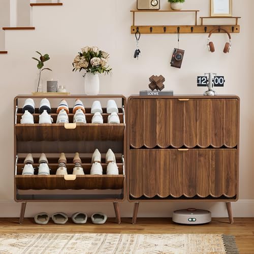 ORRD Shoe Storage Cabinet for Entryway with 2 Flip Drawers Set of 2, Freestanding Narrow Wood Shoe Cabinet with Wave Panel, Hidden Shoe Organizer for Foyer, Hallway (Walnut)