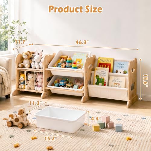 Toy Storage Organizer with 2 Shelves, 2 Bins and Stuffed Animal Storage, Playroom Toy Organizer Cabinet for Bedroom Decor, 46.3'' L