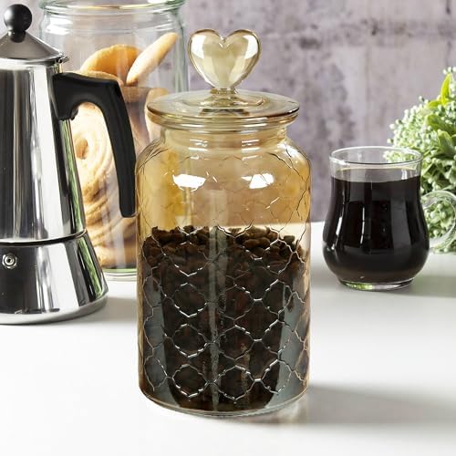 Joeyan 45 oz Amber Glass Canisters with Airtight Lids,Vintage Embossed Glass Storage Jar,Decorative Kitchen Food Container Organizer Apothecary Jars for Candy, Flour, Coffee Bean, Cookie, Pet Treats