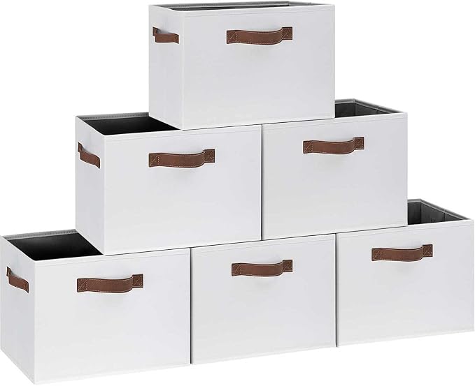 GhvyenntteS 6 Pack Large Fabric Storage Bins with Handles, 15x11x9.6 Inch Storage Baskets for Shelves, Foldable Closet Storage Bins for Shelves, Closet Organizers and Storage Boxes, White