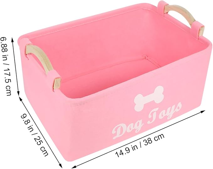 Ipetboom Pink Felt Pet Storage Box with Handles Organizer for Dog Accessories and Items Compact and Portable Basket for Household Use