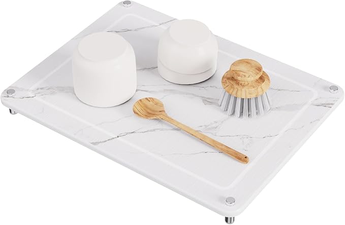 Dish Drying Stone, Water Absorbing Stone Dish Drying Mats for Kitchen Counter, Non-Slip Stone Drying Sink Tray Pad for Dish Bottles Cups, Diatomaceous Earth Sink Caddy Organizer, White Marble