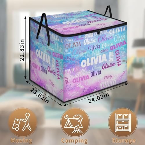 Custom Storage Baskets Cubes for Home with Name, Large Foldable Organizer Collapsible Storage Bins for Home Blanket Comforters Clothes Closet Nursery, Painted Blue Pink Background