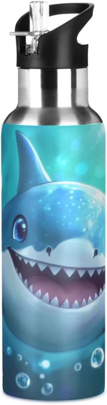 Cute Blue Shark Bubbles Water Bottle with Straw Lid Kids Insulated Stainless Steel Water Flask Sports, 20 Oz Hot Cold