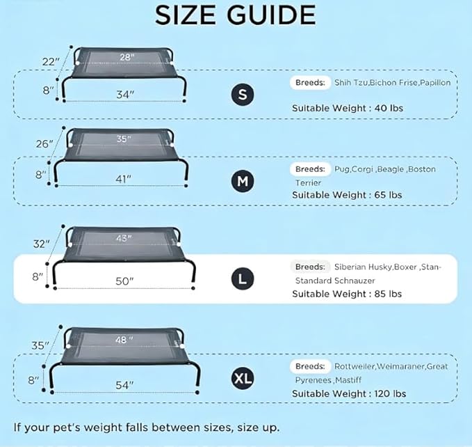 50" Lx32 Wx8 H Cooling Elevated Dog Bed for Large Dogs with Non-Slip Floor Protectors & Breathable Mesh, Raised Indoor & Outdoor Dog Cot Pet Hammock, Grey