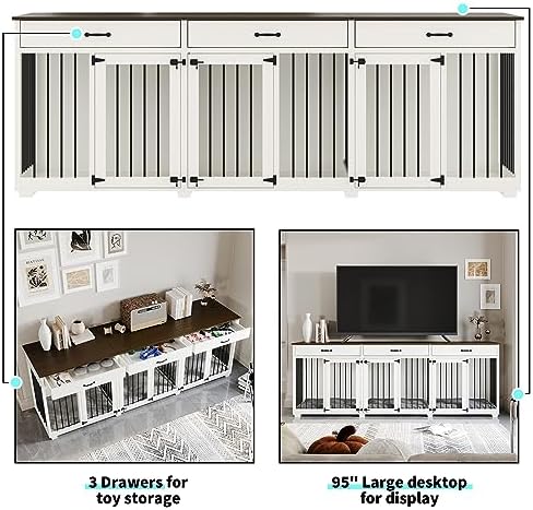 Dog Crate Furniture - Indoor Wooden Dog Kennel Crate Furniture with 2 Dividers, 3 Drawers, and 3 Lockable Doors - 95"x23.6"x31.5"H, White