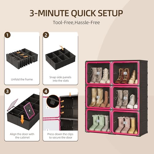 Shoe Rack Organizer, Shoe Storage Cabinet, Black 3-Tier 12-Pair | Foldable Shoe Rack for Closet with Transparent Magnetic Doors, Tool-Free Setup, Free Standing Boot Cabinet Box