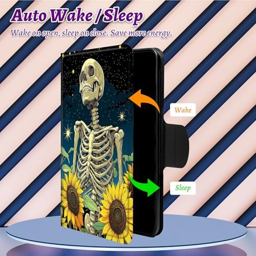 Rotating Handle Case for Samsung Galaxy Tab A11 2026/A9 2024 8.7 Inch, 360 Degree Swivel Kickstand with Magnetic Closure Leather Protective Cover for Women Men, Dark Skull Sunflower