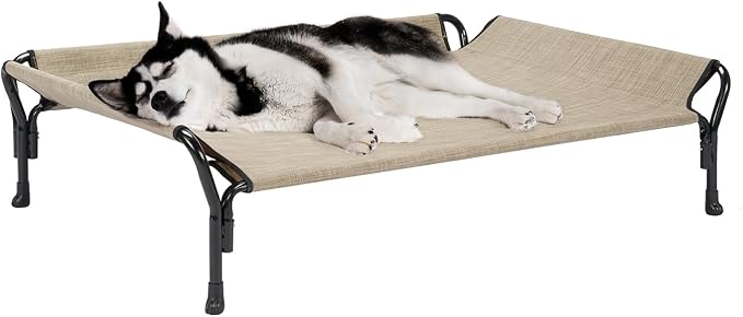 Veehoo Cooling Elevated Dog Bed, Raised Dog Cot with Guardrail & Headrest | Washable Dog Couch Bed for Indoor & Outdoor, Durable Breathable Teslin Mesh, Non-Slip Feet, Large 47" x 32", Beige Coffee