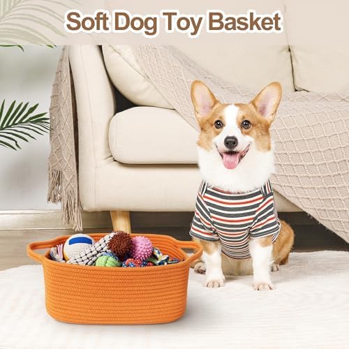 Cute Orange Woven Basket, Empty Gift Basket for Christmas, Thanksgiving, Easter, Birthday, Cotton Rope Storage Bin with Handle for Gift, Dog Toy Box, Baby Nursery Organizer, Orange Room Decor