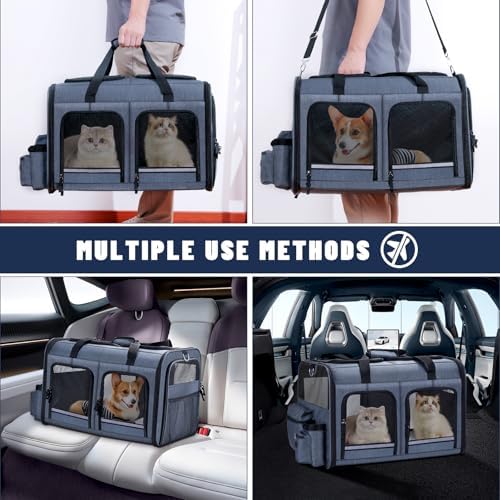 Cat Carrier for 2 Cats,Double Cat and Dual Dog Carrier Cabin for Two Pets | Small to Medium Size, Foldable,2 Front Zippered Compartments, for Outdoor Travel,Mulitple Cat Carrier, Grey