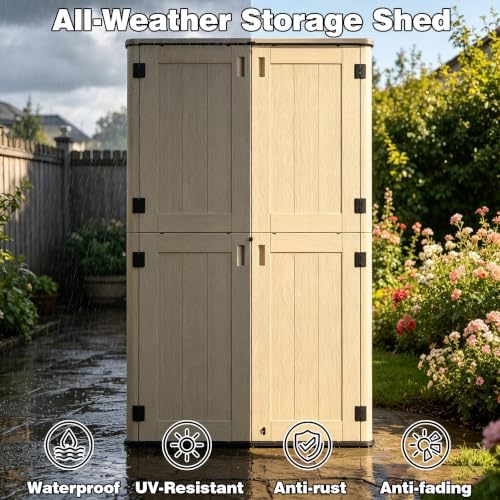 Tall Vertical Storage Cabinet with Floor & Lockable Double Doors, 61 Cuft Weather-Resistant Thickened Outdoor Resin Storage Shed for Patio, Garden and Garage, Khaki