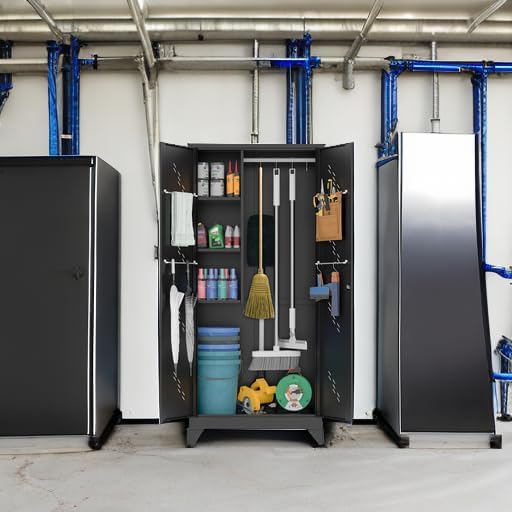 75" Metal Storage Cabinet with Lockable Doors,Utility Closet,Black | Functional Garage Storage Cabinets,Heavy-Duty Tool Cabinet,Hanging Rod & S-Hooks,Steel Lockers for Home Office,Warehouse