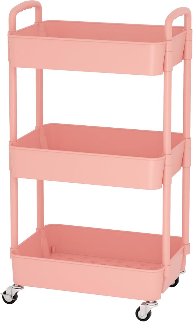 Sywhitta 3-Tier Plastic Rolling Utility Cart with Wheels for Storage, Pink | Multi-Functional Storage Trolley, for Office, Living Room, Kitchen, Bathroom,Movable Organizer,Space-Saving,Easy to assemble