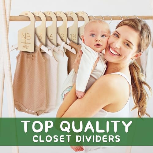 Wooden Double-Sided Baby Closet Dividers for Baby Clothes Organizer, 0-24M | Set of 8, Size Ranged from NB to TD, Gender Neutral Design, Fits for Almost Closet Rods, Gift for Baby Shower and Nursery