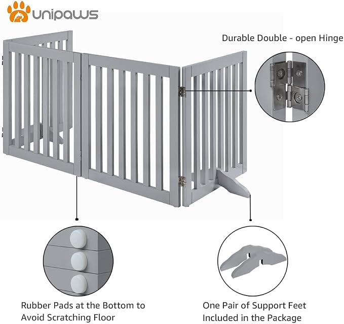 unipaws 24”H Free Standing Pet Gate for Dog Cat, 80”Wide Wooden Dog Gates | Foldable Pet Fence for Doorway, Stairs, Step, Expandable Doggy Barrier, Indoor Use