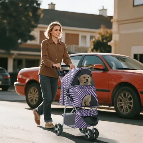 Foldable 3-Wheel Pet Stroller for Dogs & Cats, Purple Polka Dots | Storage Basket & Cup Holder, Breathable Mesh Cover, Lightweight and Durable, for Small to Medium Pets, up to 33 lbs