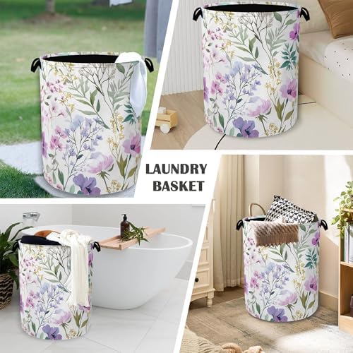 Wildflower Plant Laundry Basket,Botanical Oxford Cloth Laundry Hamper with Handle Foldable Portable Clothes Storage Basket for Bathroom Bedroom Dorm Room 16" x 20.8"