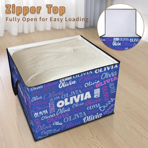 Personalized Name Foldable Storage Basket Cubes with Lid, Laundry Hamper Dirty Clothes Pet Toys Storage Bin with Handles for Shelf Home Closet Kitchen, Pink Purple Names Navy Blue Background