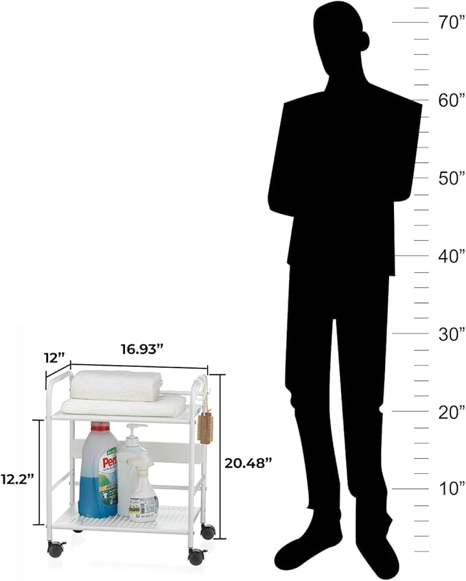 2-Tier Metal Rolling Cart, Compact Under Desk Storage Organizer | 12.2" clearance fits binders and tall bottles, compact mobile shelf with anti-drop guard for home & office. White.