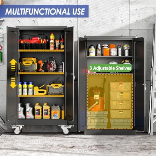 45.6" Metal Garage Storage Cabinet with Wheels and Locking Doors and Tall Rolling Steel Tool Cabinet with 3 Adjustable Shelves for Garage,Home,Office,Shop (Black, 45.6''H x 23.7''W x11.8''D)