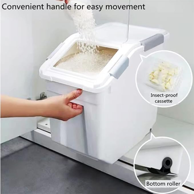 25lb Airtight Flour Storage Container, Gray | Includes Wheels & Scoop, 2-Pack, for Rice/Grain/Dog Food, Seal Locking Lid