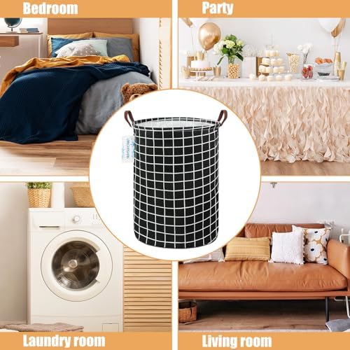 Round Laundry Basket Collapsible Storage Hamper Organizer Black Grid | Waterproof Canvas Foldable Baskets with sturdy Handles Multi-scene Organizer for Home Play Bedroom Gift Bin