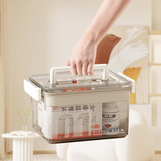 Medicine Storage Box with Handles, Clear Plastic Medicine Storage Organizer & First Aid Box, Multipurpose Medical Supply Organizer with Removable Tray for Home, Office & Travel(Clear)