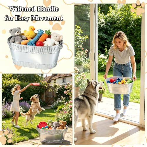 Indestructible Metal Dog Toy Storage Bin, Silver Pet Toy Storage Basket for Living Room Area, Sturdy Chew Proof Puppy Toy Box with Handle, Large Capacity 25 Quart