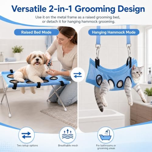 2-in-1 Foldable Pet Grooming Bed, Pet Shower Hammock with Stand (Blue) | Dog Washing Hammock, Dog Bath Chair, Quick Dry Mesh Table, Secure Support Strap, Multifunctional Holder for Bathing, Haircuts