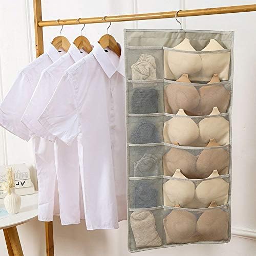 Closet Hanging Organizer with Mesh Pockets & Rotating Metal Hanger,Dual Sided Wall Shelf Wardrobe Storage Bags,Oxford Cloth Space Saver Bag for Bra Underwear Underpants Socks (white)