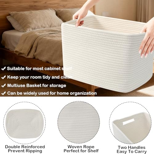 3 Pack Woven Baskets,Storage Baskets for Shelves with Handles | 13.5"×11"×9.5",Closet Baskets,Gift Basket,Nursery Organizer for Toys Towels Books,Storage Bin for Living Room Bedroom-White