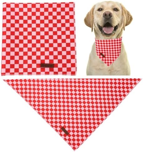 Red and Pink Plaid Dog Bandana–Red and Pink Checked Triangle Scarf for Small Medium Large Dogs, Soft Cotton Pet Bib for Dogs, Adjustable Dog Kerchief