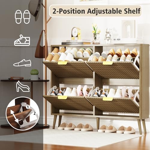 KIGOTY Narrow Shoe Storage Cabinet, Shoe Cabinet with 4 Flip Drawers, Freestanding Shoe Organizer with Legs for Entryway, Slim Shoe Rack Cabinet for Enterway (Light Brown, 4 Flip Drawer)