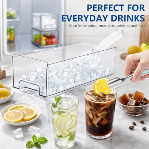 Stackable Ice Storage Bin for Freezer with Front Slide-Out Drawer | Clear PET bin with lid, 12.6 x 5.9 x 4.3 in, includes scoop, tongs and 10 washable labels, for ice and frozen fruit