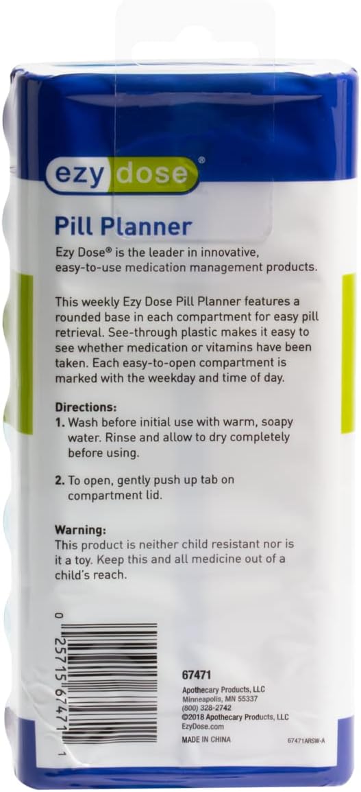 EZY DOSE Weekly (7-Day) AM/PM Daily Pill Case, Medicine Planner, Vitamim, Fish Oil, Supplements Organizer Container, Large Compartments, 2 Times a Day, Blue and Purple Lids, BPA Free