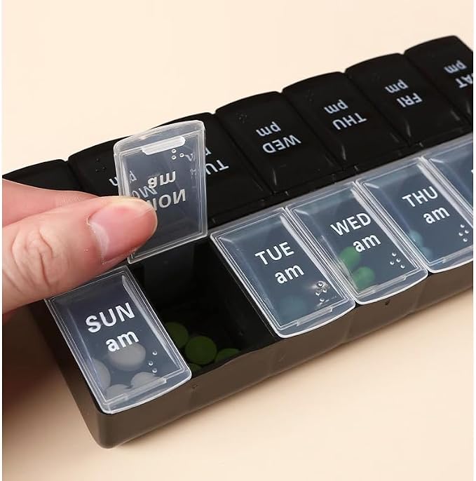 Daily Pill Organizer Box, Travel Large Size Pill Case Dispenser | 14-day Weekly Medicine Supplement Holder, Portable Vitamin Sorter Fish Oil Capsule Tablet DHA Container, Black + Transparent