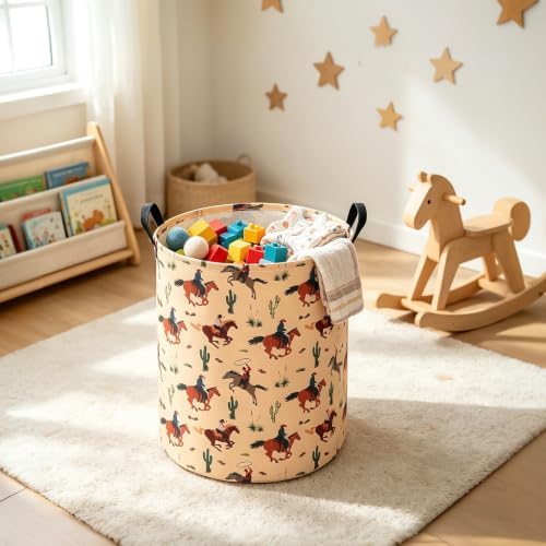 Round Laundry Basket Collapsible Storage Organizer Cactus Cowboy | Waterproof Canvas Foldable Baskets with sturdy Handles Multi-scene Organizer for Home Play Bedroom Gift Bin