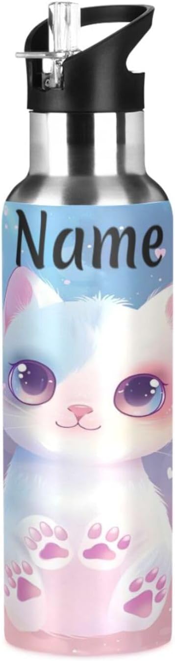 Custom Name Cat Pet Pink Water Bottle with Straw Lid Kids Insulated Stainless Steel Water Flask Sports, 20 Oz Hot Cold