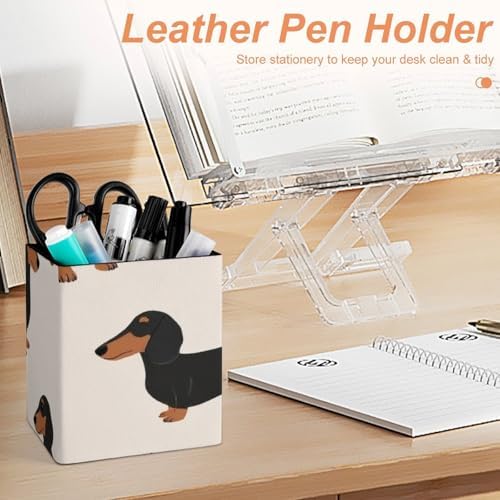 Women's Makeup Brush Cup Desktop Stationery Organizer Cartoon Dachshund Weiner Dog Pet Dogs Leather Pen Holder
