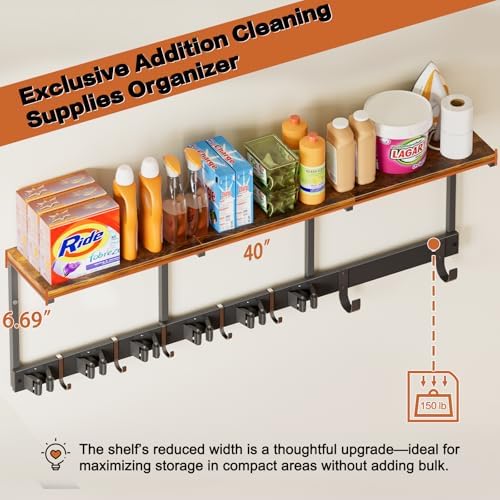 Broom Holder Wall Mount with Cleaning Supplies Organizer, Laundry Room Organization and Storage Shelves with Ironing Board Holder, Mop Hanger Broom Rack with Hooks, Home Improvement Garage Organizer