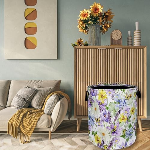 Purple Flower Butterfly Laundry Basket Oxford Cloth Hamper 18.9"x16.5"