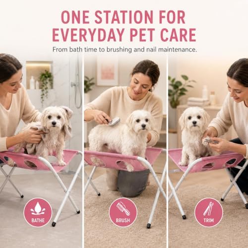 Portable Dog Grooming Table, Foldable Pet Grooming Hammock Stand (Black) | with Quick Dry Mesh Platform, Support Rectangular Wash Station for Small Dogs and Cats Nail Trimming,Bathing and Daily Care