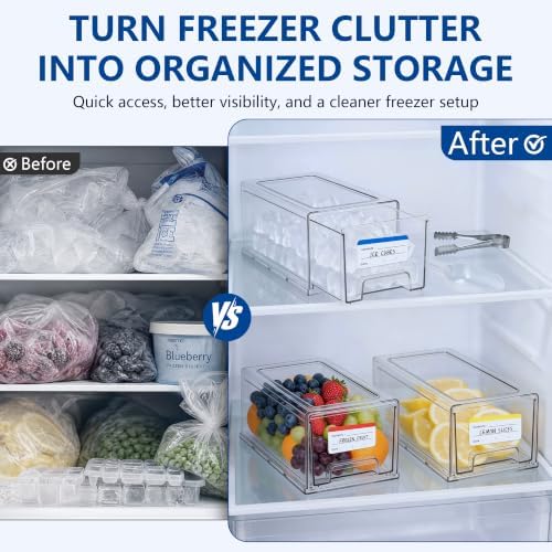 Stackable Ice Storage Bin for Freezer with Front Slide-Out Drawer | Clear PET bin with lid, 12.6 x 5.9 x 4.3 in, includes scoop, tongs and 10 washable labels, for ice and frozen fruit