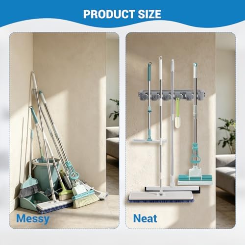 HOME MASTER HARDWARE (2 Pack 16 in Broom Mop Holder Garage Storage Organizer with 5 Racks 6 Hooks Adjustable Wall Mounted Storage Tool for Lanudry Garage Kitchen Garden