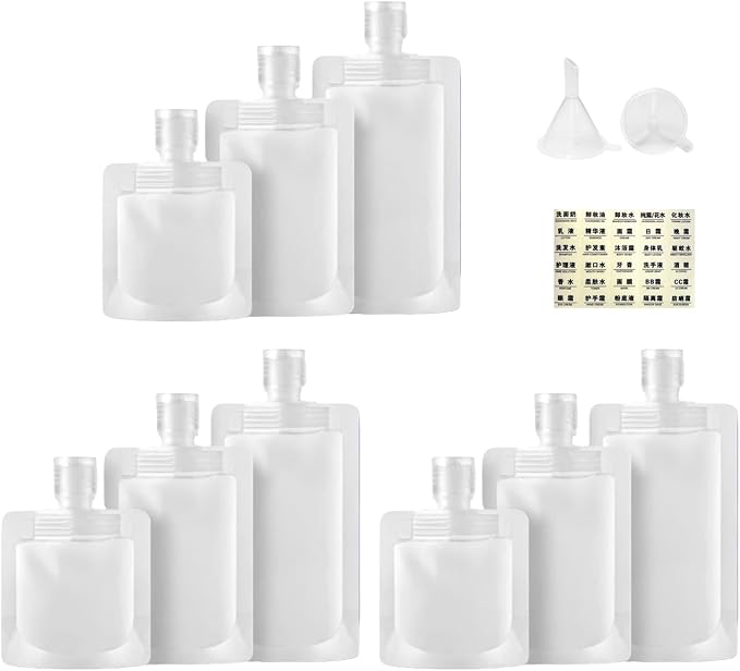 9Pcs 30/50/100ml Travel Size Toiletries with Small Funnel & Label | 9 Pcs 3 Sizes 30ml/50ml/100ml Travel Size Toiletries, Makeup Bag Travel Toiletry Bag for Women, Pouches for Toiletries