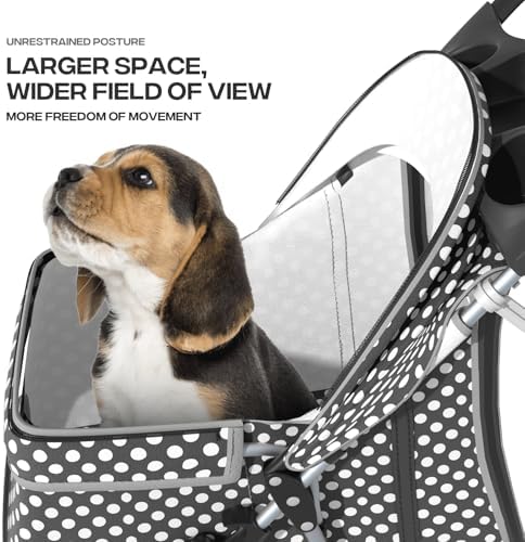 Foldable 3-Wheel Pet Stroller for Dogs & Cats, Black Polka Dots | Storage Basket & Cup Holder, Breathable Mesh Cover, Lightweight and Durable, for Small to Medium Pets, up to 33 lbs